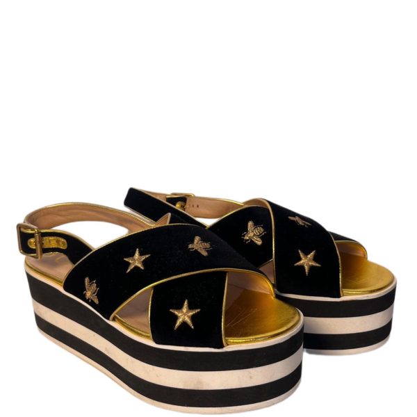 GUCCI Embroidered Velvet Crossover Platform Sandal