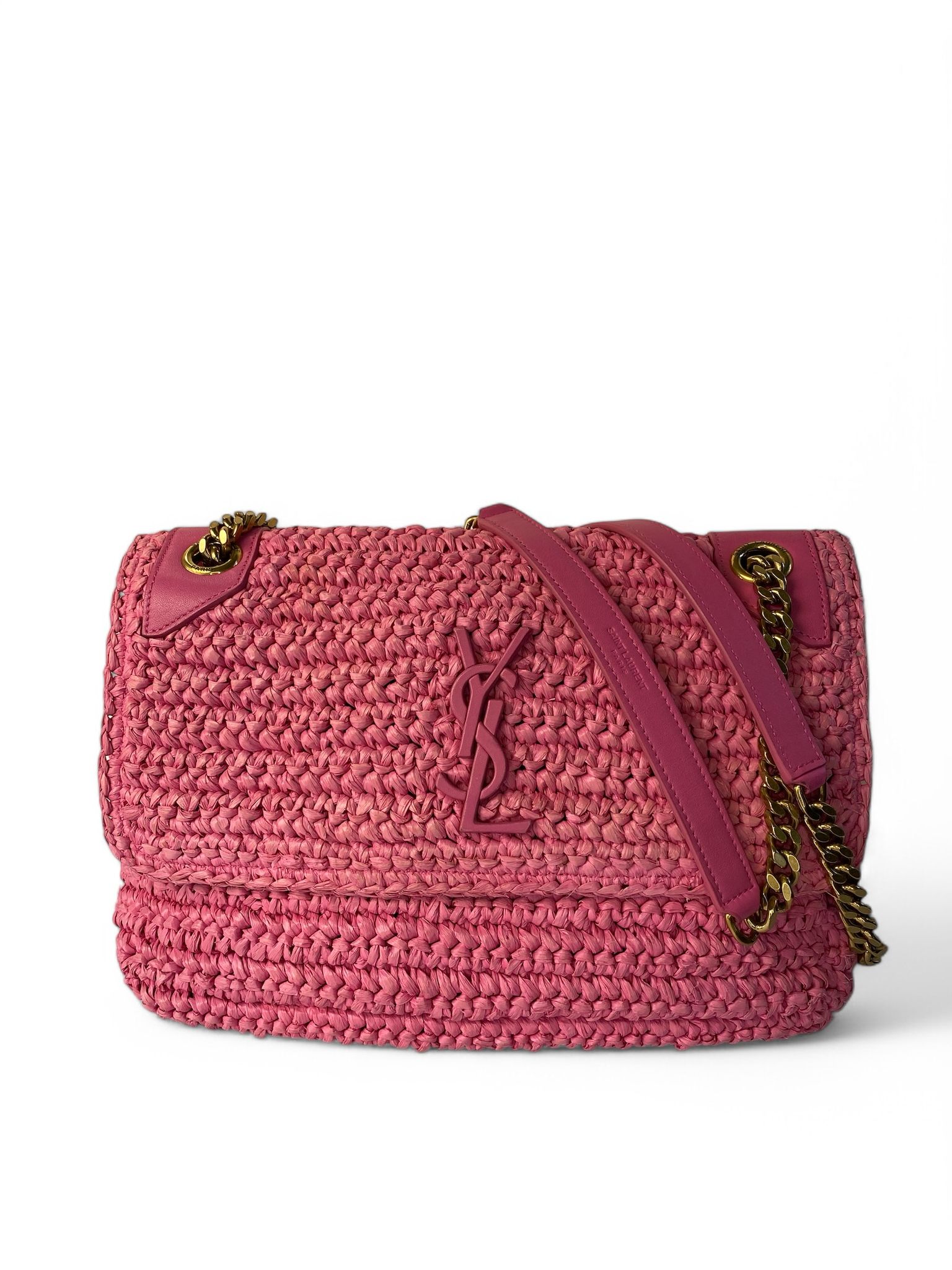 Saint Laurent Pink Medium Raffia Niki Bag