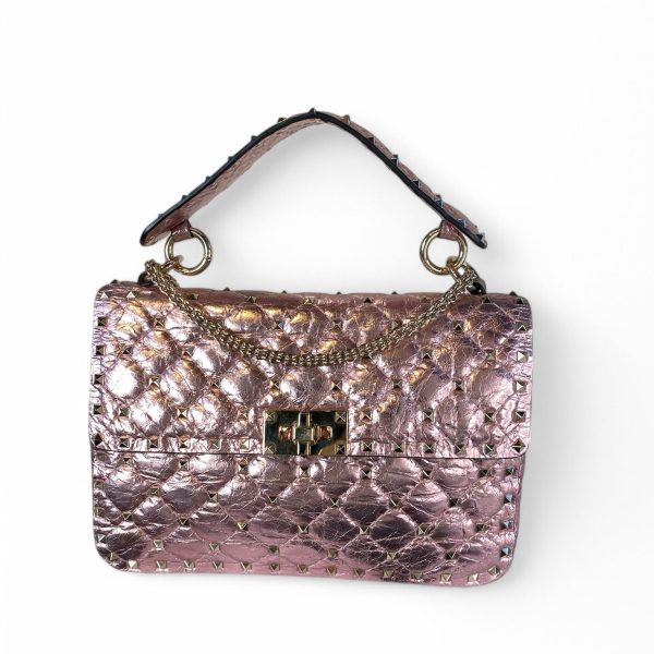 Valentino Garavani Rockstud Spike Medium Leather 2Way Handbag in Metallic Pink