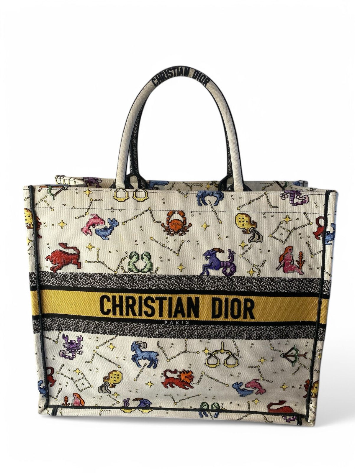 Canvas Embroidered Large Pixel Zodiac Book Tote Latte Multicolor