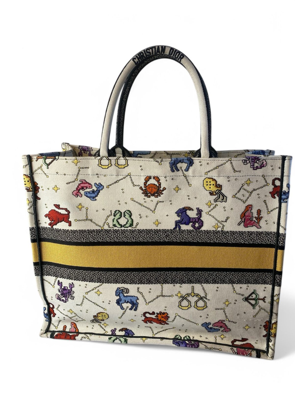 Canvas Embroidered Large Pixel Zodiac Book Tote Latte Multicolor - Image 2