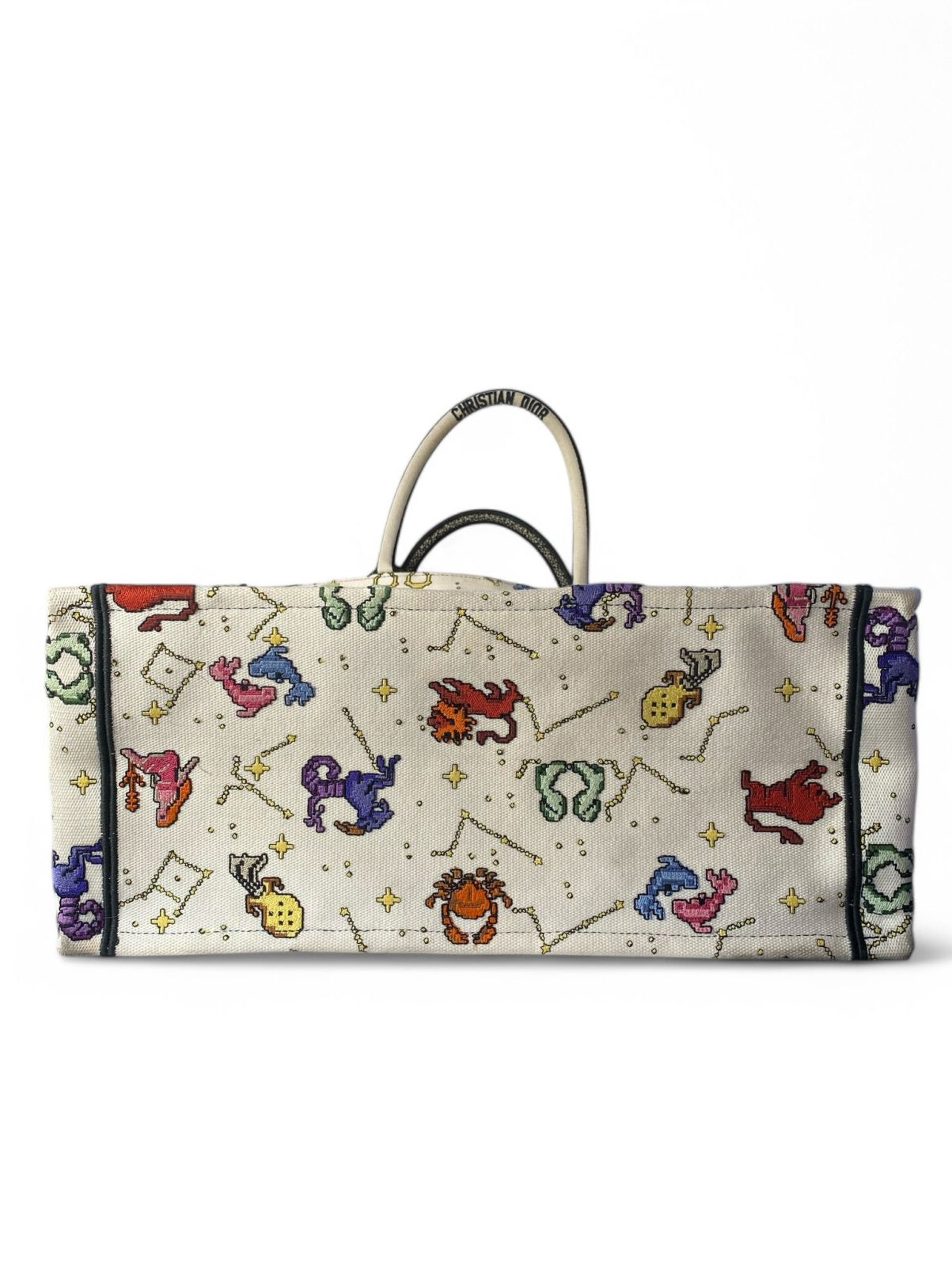 Canvas Embroidered Large Pixel Zodiac Book Tote Latte Multicolor - Image 3