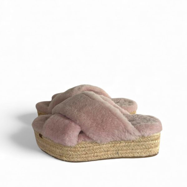 Miu Miu Crossover Staps Platform Sandals in Pink Faux Fur