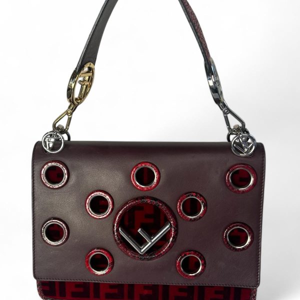 Fendi Burgundy/Red Eyelet Leather, Velvet and Python Kan I F Top Handle Bag